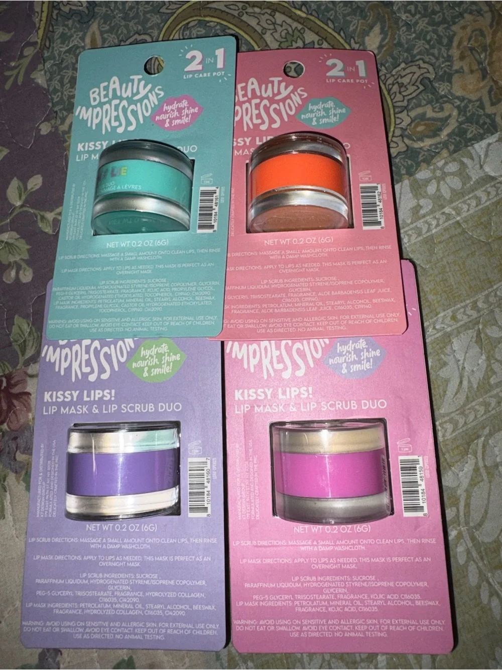 Impressions Kissy Lips Lip Mask & Scrub Duo — Teal, Coral, Purple, Pink